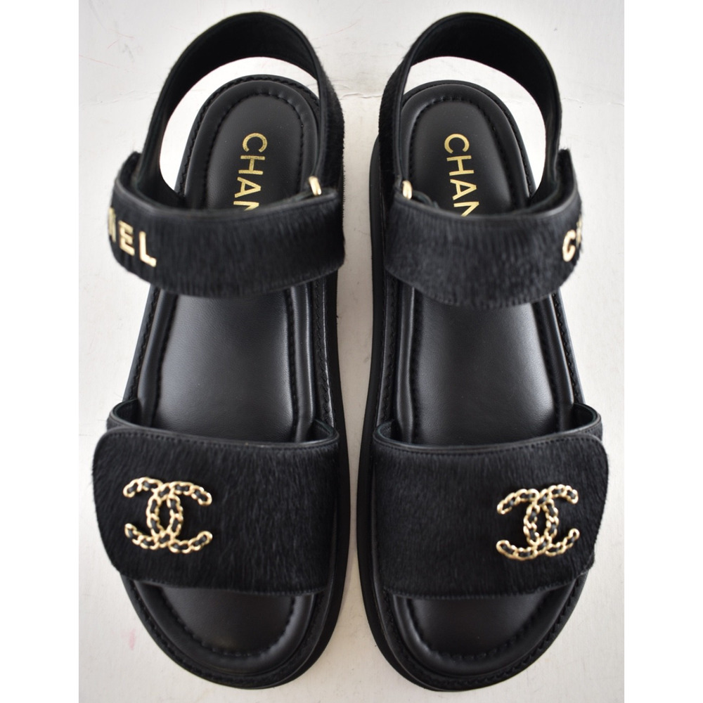 Chanel 24B Black Calf Hair Gold CC Logo Mule Slide Strap Flat Teva Dad Sandal 41 - Picture 11 of 16